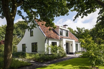Obraz premium Charming white house with a red tiled roof surrounded by green trees and a well-kept garden located in a serene neighborhood on a sunny day