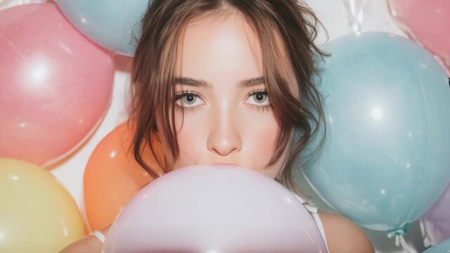 A beautiful girl with striking eyes is blowing a pastel balloon, surrounded by vibrant balloons in soft lighting. The image radiates a trendy, cheerful mood perfect for party or celebration themes