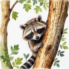 Naklejka premium A gentle watercolor illustration of a raccoon climbing a tree, its striped tail curling as it carefully makes its way upward. Soft brushstrokes and earthy tones create a peaceful forest atmosphere fil