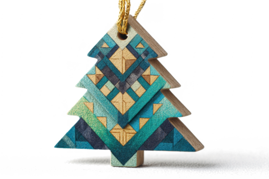 Wooden Christmas tree ornament with geometric patterns festive holiday decoration isolated on white background