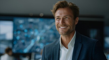 Urban planner smiling while simulating smart traffic flow scenarios, symbolizing AI-driven city management, predictive analytics, and emotional satisfaction from efficient urban solutions.