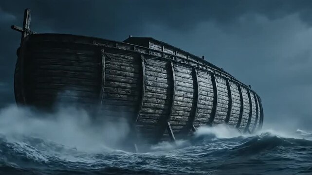 Noahs ark sailing through a stormy sea with lightning strikes biblical scene