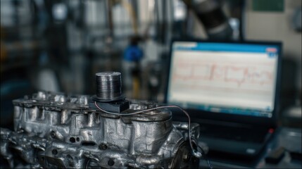 Noise sensor fixed on an engine component in sharp focus emphasizing realtime acoustic data collection with an outoffocus mechanical environment.