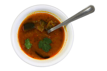 Traditional Indian, Gujarati, South Indian Food stew curry sambhar or dal rasam for Onam festival, can serve with masala dosa, idli, uttapam, rice, medu vada, cutout in transparent background, png