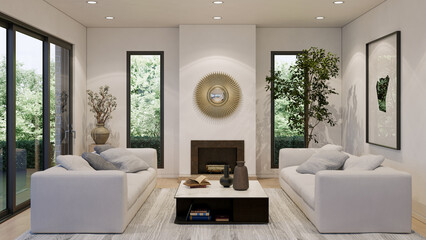 Large luxury modern bright interiors Living room mockup illustration 3D rendering image
