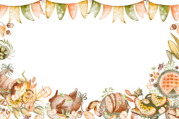 Watercolor frame for Thanksgiving Day celebration. Perfect for greeting cards, invitations. Features food, pumpkin, turkey, invitations, banners. Seasonal illustration for posters and holiday designs.