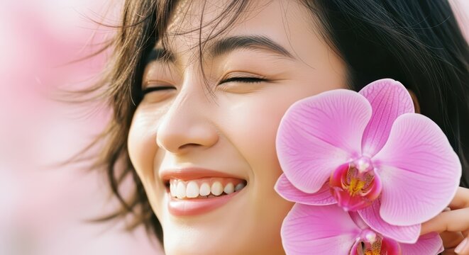 A closeup portrait of a young asian woman with her eyes closed, smiling gently while holding a pink orchid flower to her cheek - Powered by Adobe