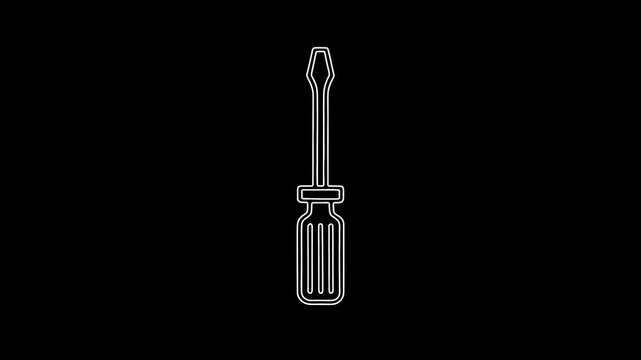 Clean white line screwdriver animation, 4K continuous outline illustration with alpha channel transparency and precise technical design.
