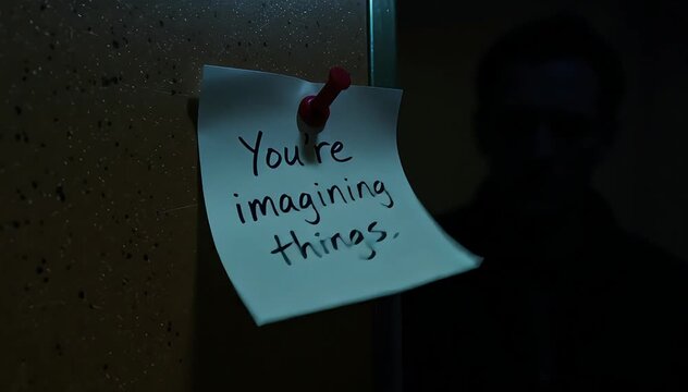 gaslighting concept mental confusion A handwritten note saying youre imagining things pinned to a dark surface