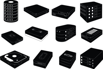 Computer data storage devices, hard drive and SSD illustration, NAS server concept, digital hardware design, technology system vector art, cad drawing flat vector illustration