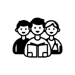 Three happy students reading a book together in black vector icon on transparent background