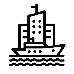 Vector icon of a ship with buildings by the water on a transparent background, representing transportation and urban life.