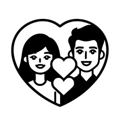 Couple in a heart icon with two hearts illustrated in black vector on transparent background