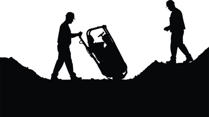 Construction worker silhouettes, plate compactor machine, excavation site, soil compaction, heavy equipment, teamwork labor, civil engineering, foundation work, black vector illustration