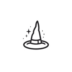 Wizard hat vector icon with magical sparkles illustrated in black on transparent background