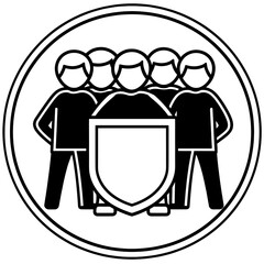 Team of people behind a shield vector icon illustrated in black on transparent background, representing protection
