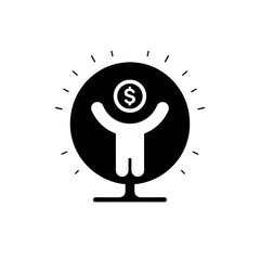 Financial growth icon depicting a person with a dollar sign inside a globe in black vector on transparent background