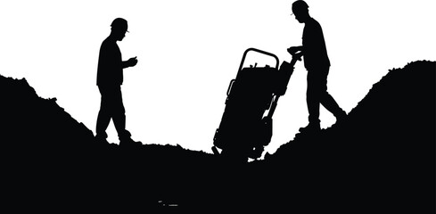 Construction worker silhouettes, trench excavation site, ground survey equipment, geotechnical engineering, soil analysis, fieldwork labor, civil engineering, black vector illustration, teamwork