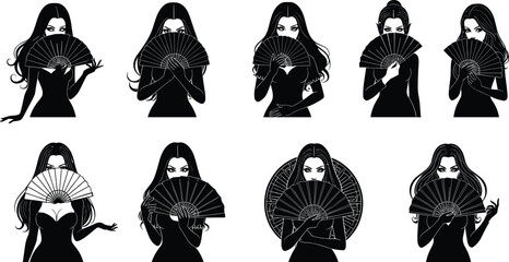 Elegant women silhouette, mysterious fan poses, cultural grace illustration, feminine beauty concept, traditional style, artistic vector design, cad drawing flat vector illustration