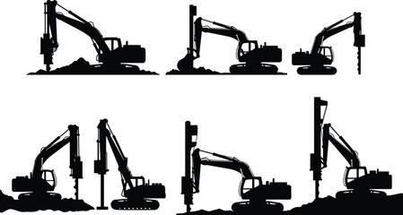 Excavator silhouettes collection, construction machinery, heavy equipment, digging bucket, hydraulic breaker, auger drill, pile driver, vibratory hammer, drilling rig, industrial tools