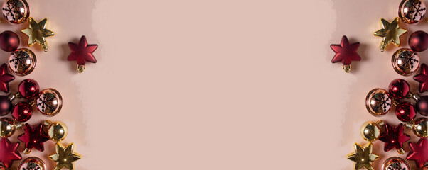 Christmas Frame with Red and Gold Decorations on Beige Background