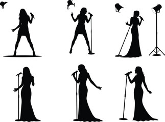 Female singer silhouettes, microphone concert illustration, stage performance artwork, live music entertainment design, vocal artist concept, vector art, cad drawing flat vector illustration