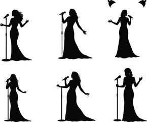 Female singer silhouettes, elegant gown performance illustration, microphone concert artwork, stage entertainment design, vocal artist concept, vector art, cad drawing flat vector illustration