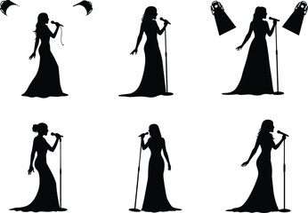 Female singer silhouettes, microphone performance artwork, music concert illustration, stage entertainment design, vocal artist concept, vector art, cad drawing flat vector illustration