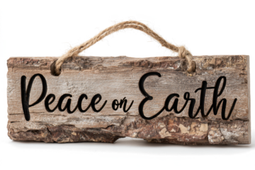 Rustic wooden sign with Peace on Earth message decorative holiday ornament with natural bark texture ideal for Christmas decor and seasonal greetings