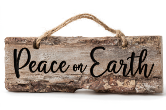 Rustic wooden sign with Peace on Earth message decorative holiday ornament with natural bark texture ideal for Christmas decor and seasonal greetings
