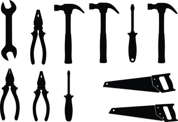 Hand tool silhouettes, wrench, pliers, hammer, screwdriver, saw, carpentry tools, electrical tools, mechanical repair, construction equipment, black vector icons, workshop