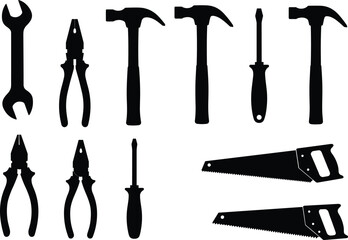 Hand tool silhouettes, wrench, pliers, hammers, screwdrivers, saws, carpentry tools, mechanical repair, construction equipment, workshop tools, black vector illustration, icons