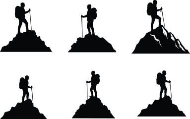 Hiker silhouettes on mountain peaks, trekking adventure illustration, outdoor exploration artwork, climbing perseverance design, travel lifestyle vector art, cad drawing flat vector illustration