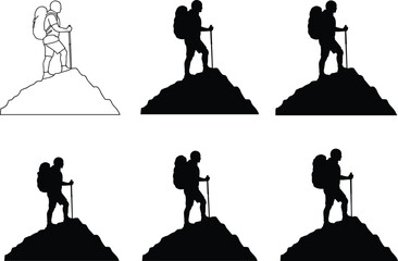 Hiker on mountain peak, trekking adventure silhouettes, outdoor exploration illustration, climbing perseverance artwork, travel lifestyle design, vector art, cad drawing flat vector illustration