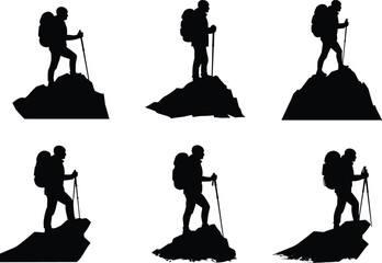 Hiker silhouettes on rocky terrain, trekking adventure illustration, outdoor exploration artwork, climbing perseverance design, travel lifestyle vector art, cad drawing flat vector illustration