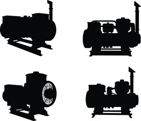 Industrial generator silhouettes, diesel engine machines, heavy equipment, power generation units, electricity supply, backup energy, construction site power, black vector icons