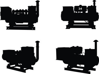 Industrial generator silhouettes, diesel engine machines, heavy equipment, power generation units, electricity supply, backup energy, emergency generator, construction site power, black vector icons