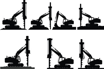 Rotary drilling rig silhouettes, construction machinery, heavy equipment, geotechnical engineering, foundation drilling, soil boring, industrial tools, excavation machines, black vector icons