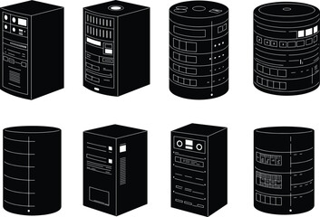 Server storage units, data center hardware, modern technology illustration, tower and cylindrical design, network equipment concept, vector art, cad drawing flat vector illustration