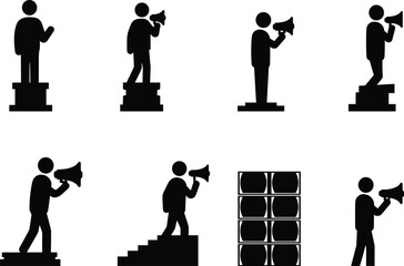 Silhouette figures with megaphones, public speech concept, protest illustration, communication platform design, social influence artwork, vector art, cad drawing flat vector illustration