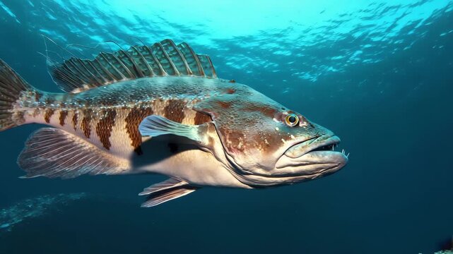 Giant grouper swimming in deep blue ocean
