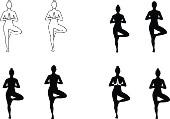 Yoga tree pose silhouettes, Vrksasana posture illustration, meditation balance artwork, fitness wellness design, healthy lifestyle concept, vector art, cad drawing flat vector illustration
