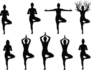 Yoga tree pose silhouettes, Vrksasana variations artwork, meditation balance illustration, fitness wellness design, creative growth concept, vector art, cad drawing flat vector illustration
