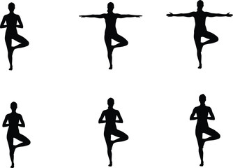 Yoga tree pose silhouettes, Vrksasana variations illustration, meditation balance artwork, fitness exercise design, wellness lifestyle vector art, cad drawing flat vector illustration