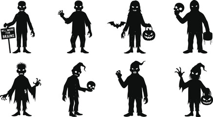 Zombie character silhouettes, Halloween monsters, spooky undead figures, horror illustration, creepy costumes, trick or treat, scary icons, black vector artwork