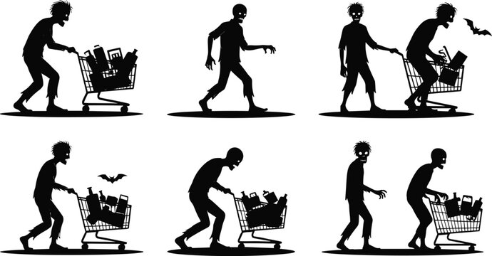 Zombie shopping silhouettes, Halloween monsters, undead figures with carts, horror humor, spooky consumerism, creepy characters, black vector icons, satirical illustration