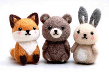 Cute needle felted animals including a fox bear and rabbit handmade wool toys for children isolated on white