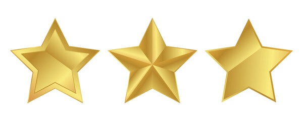 Set of three golden stars. Top quality, award, and rating icons. Vector illustration isolated on white background.