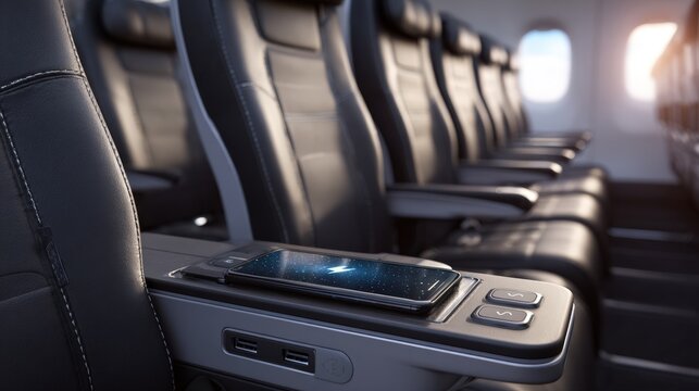 Medium shot showing a sleek charging rack with multiple wireless pads in a passenger cabin highlighting ease of access to power for gadgets on each seat.