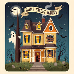 A spooky haunted house with a ghost peeking from behind a tree on Halloween night.